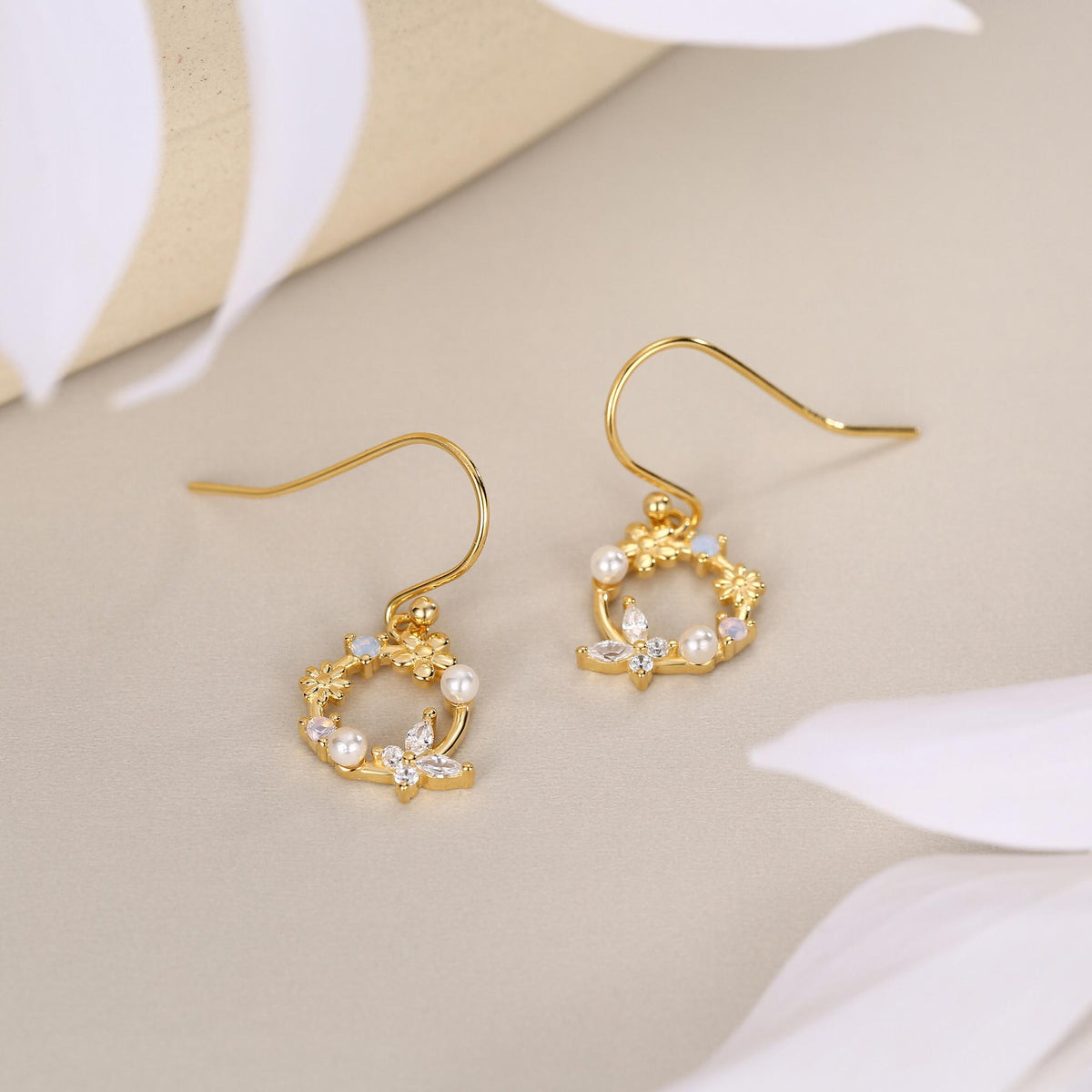 Sterling Silver Flower Wreath Drop Hook Earrings - Silver or Gold or Rose Gold, CZ Circle Flower and Butterfly Dangle Earrings