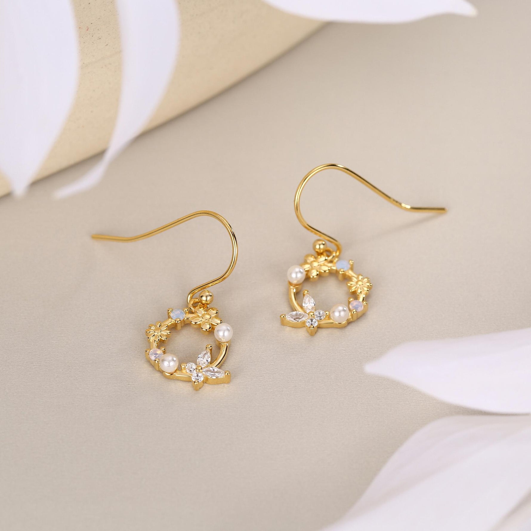 Sterling Silver Flower Wreath Drop Hook Earrings - Silver or Gold or Rose Gold, CZ Circle Flower and Butterfly Dangle Earrings