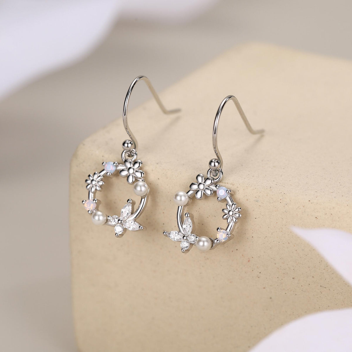 Sterling Silver Flower Wreath Drop Hook Earrings - Silver or Gold or Rose Gold, CZ Circle Flower and Butterfly Dangle Earrings