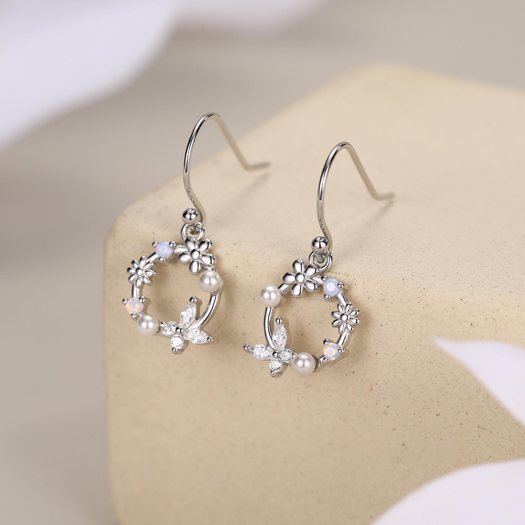 Sterling Silver Flower Wreath Drop Hook Earrings - Silver or Gold or Rose Gold, CZ Circle Flower and Butterfly Dangle Earrings