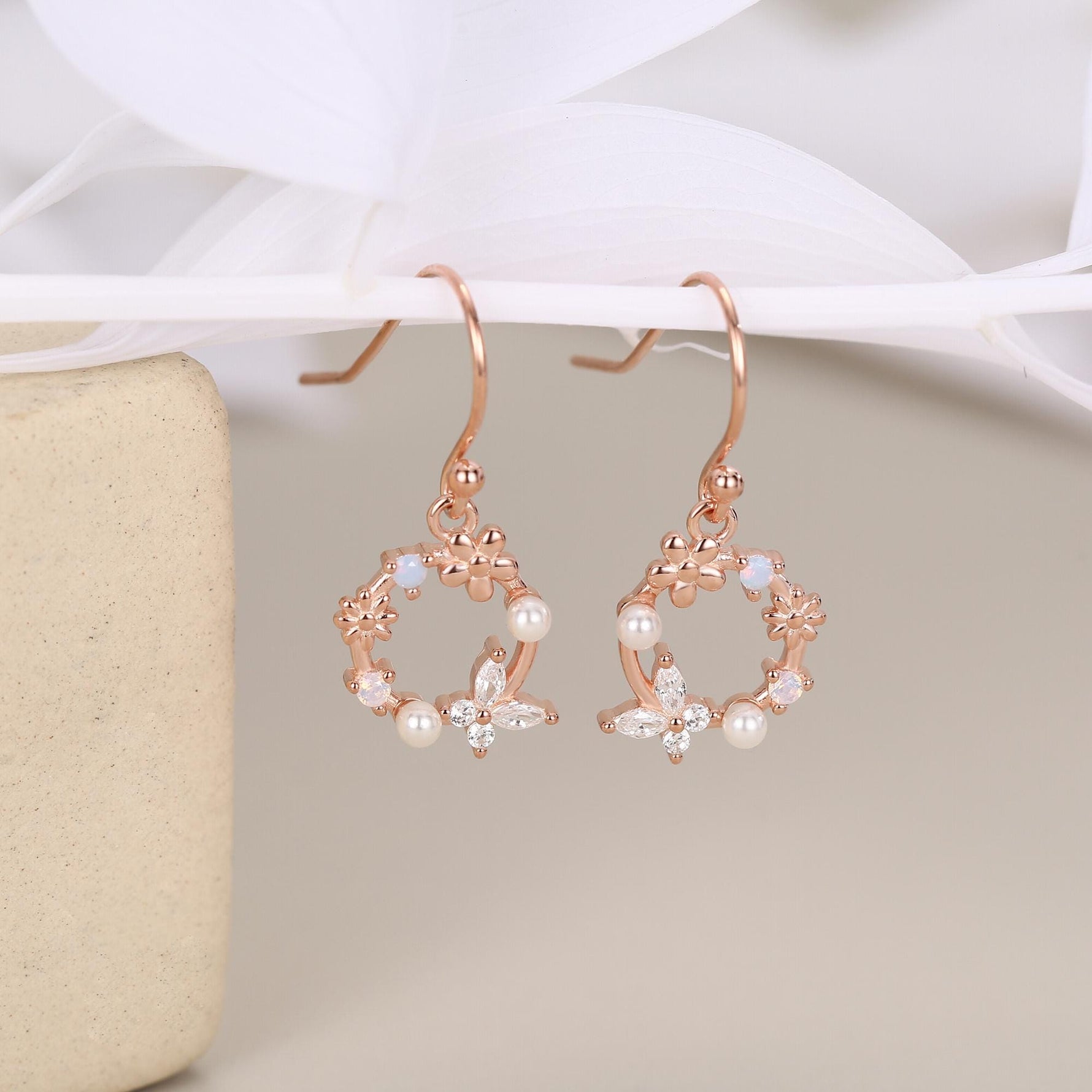 Sterling Silver Flower Wreath Drop Hook Earrings - Silver or Gold or Rose Gold, CZ Circle Flower and Butterfly Dangle Earrings