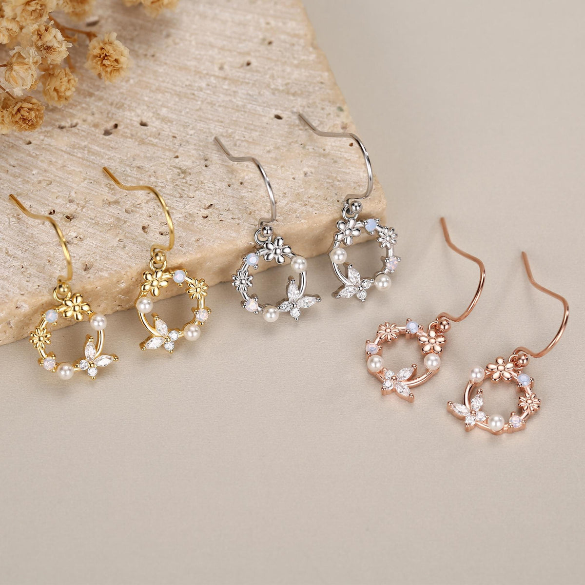 Sterling Silver Flower Wreath Drop Hook Earrings - Silver or Gold or Rose Gold, CZ Circle Flower and Butterfly Dangle Earrings