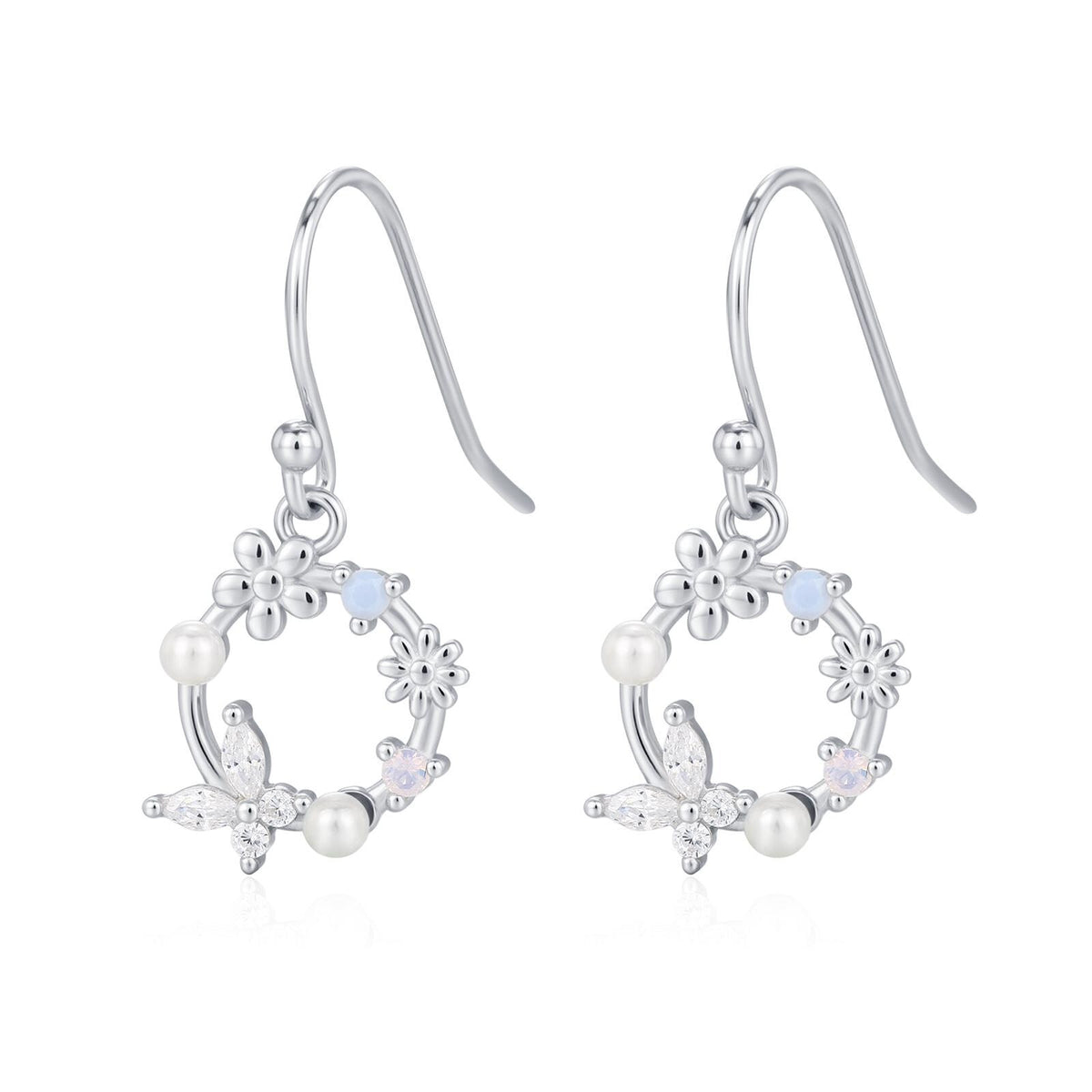 Sterling Silver Flower Wreath Drop Hook Earrings - Silver or Gold or Rose Gold, CZ Circle Flower and Butterfly Dangle Earrings