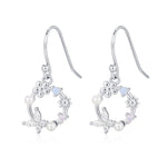 Sterling Silver Flower Wreath Drop Hook Earrings - Silver or Gold or Rose Gold, CZ Circle Flower and Butterfly Dangle Earrings