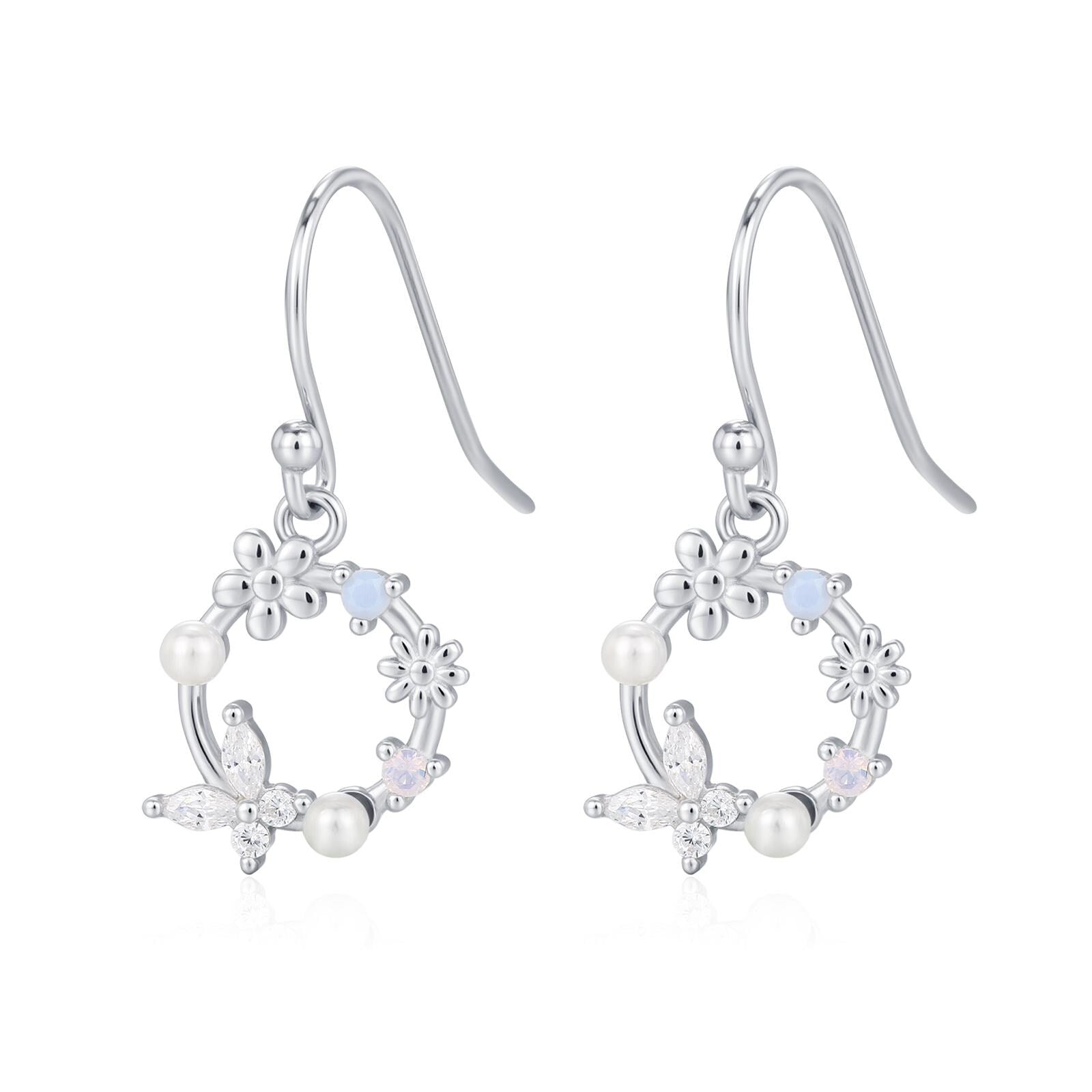 Sterling Silver Flower Wreath Drop Hook Earrings - Silver or Gold or Rose Gold, CZ Circle Flower and Butterfly Dangle Earrings