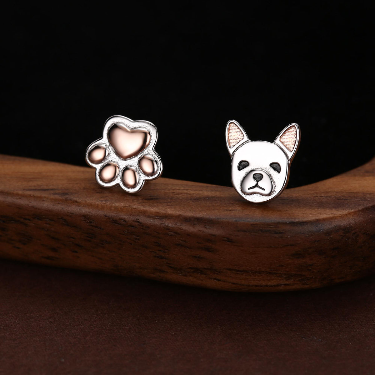 Mismatched French Bulldog and Paw Print Stud Earrings in Sterling Silver - Dog Paw Stud Earrings - Two Tone Finish - Pet Lover