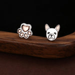 Mismatched French Bulldog and Paw Print Stud Earrings in Sterling Silver - Dog Paw Stud Earrings - Two Tone Finish - Pet Lover