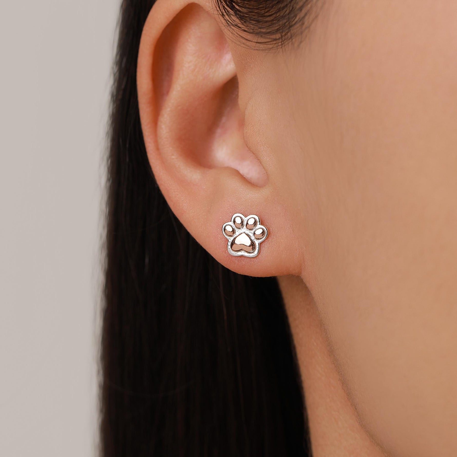 Mismatched French Bulldog and Paw Print Stud Earrings in Sterling Silver - Dog Paw Stud Earrings - Two Tone Finish - Pet Lover