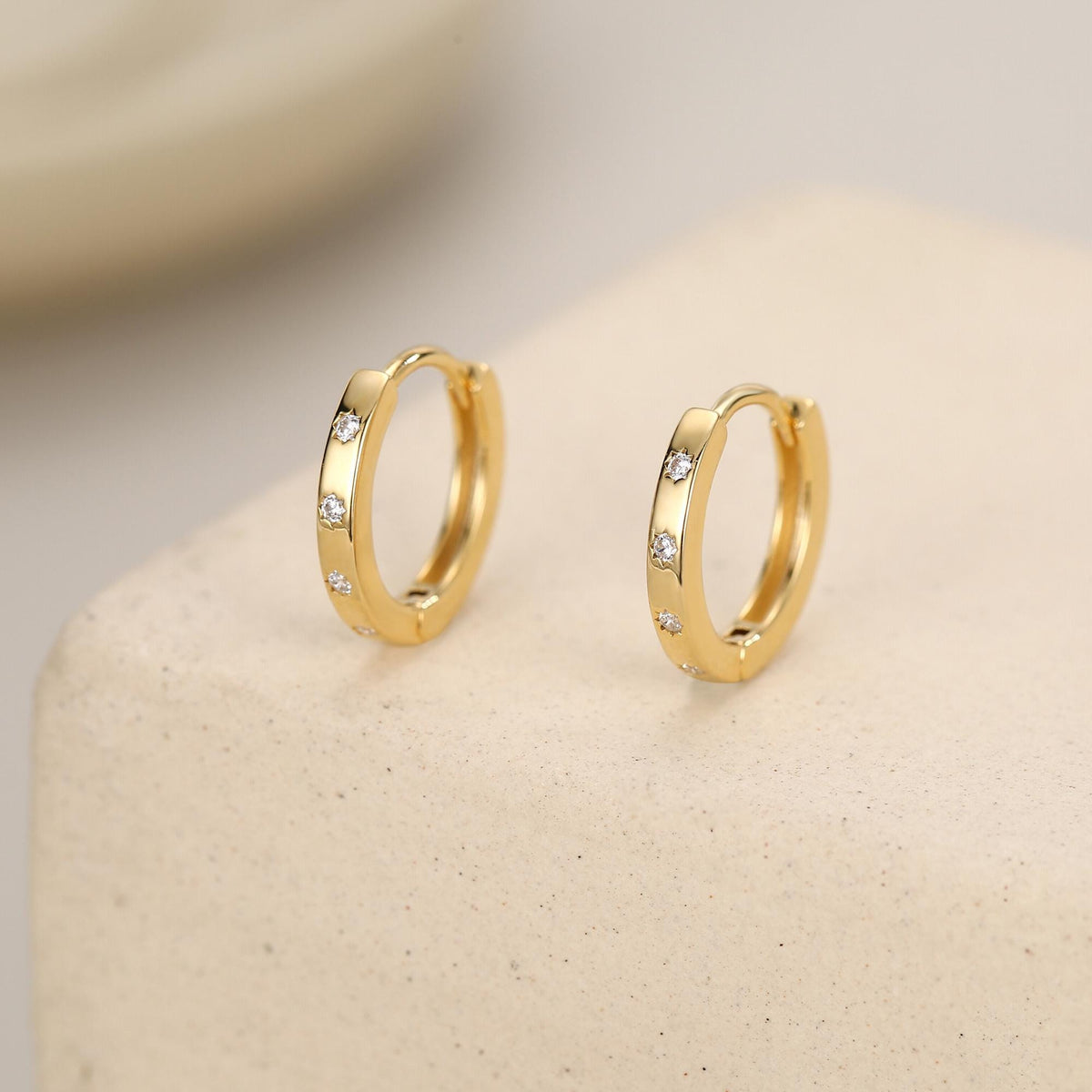 Tiny Starburst Huggie Hoops, 8mm CZ Embellished Star Hoop Earrings, Snug Hoop Earrings, CZ Hoop Earrings