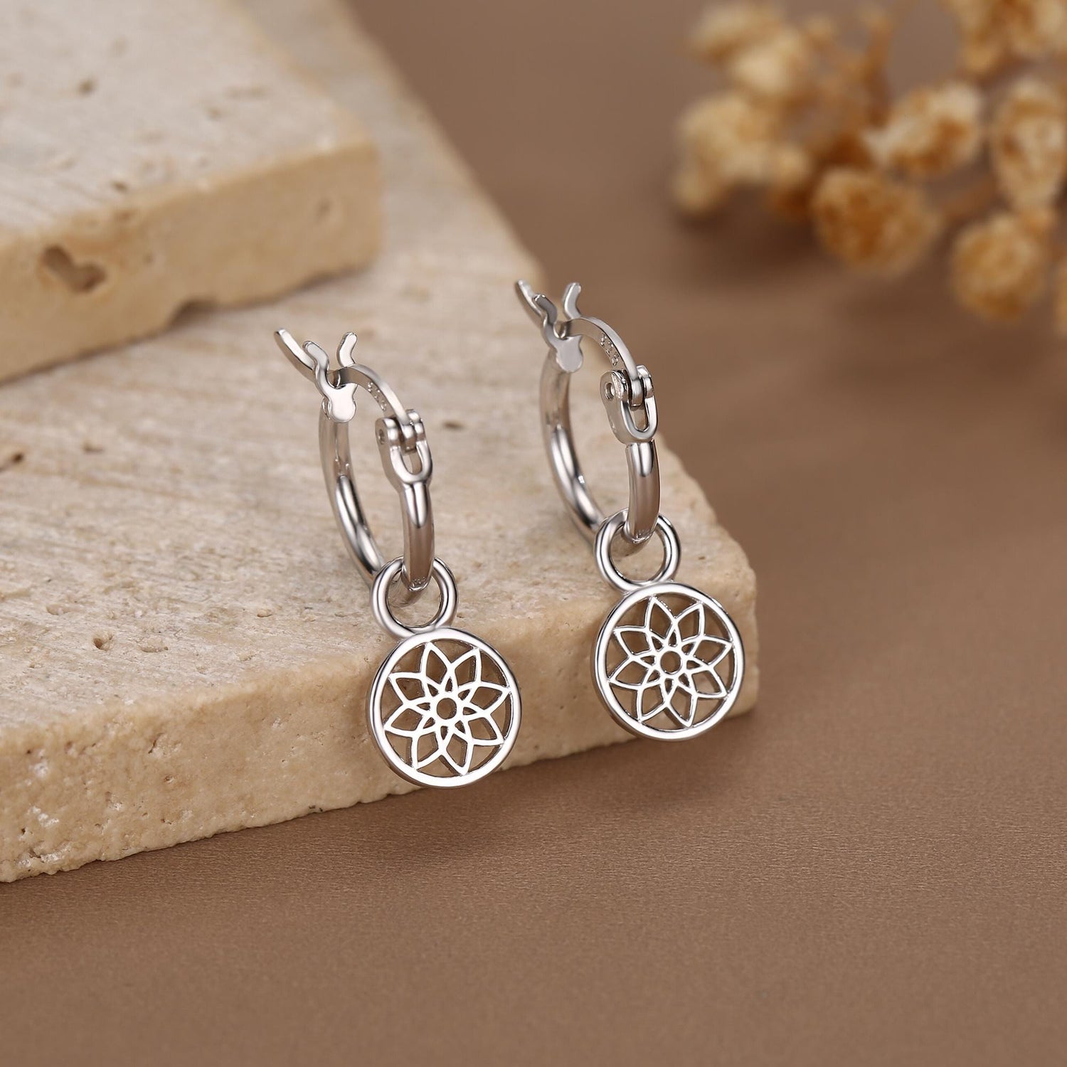 Mandala Flower Disk Dangle Huggie Hoop in Sterling Silver