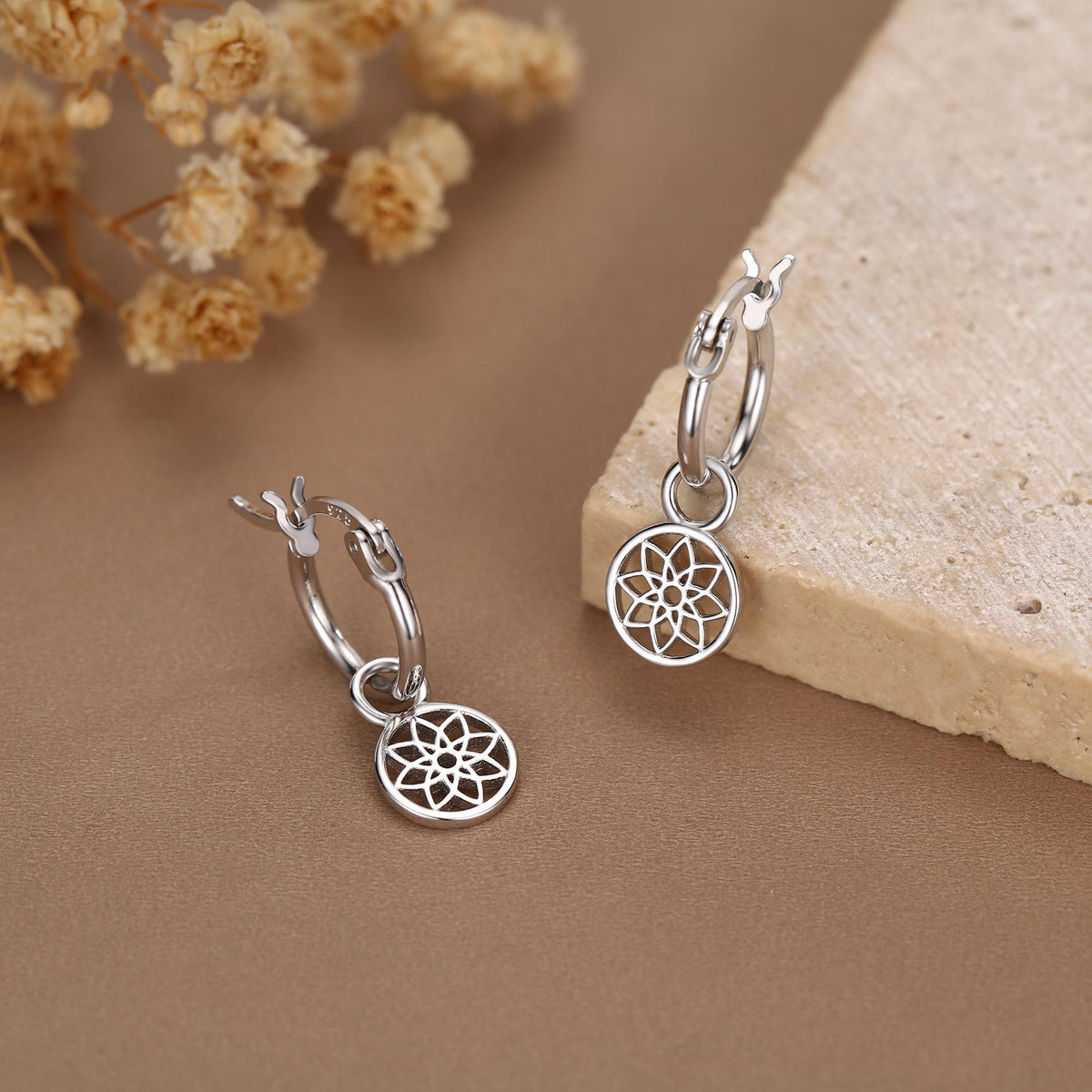 Mandala Flower Disk Dangle Huggie Hoop in Sterling Silver