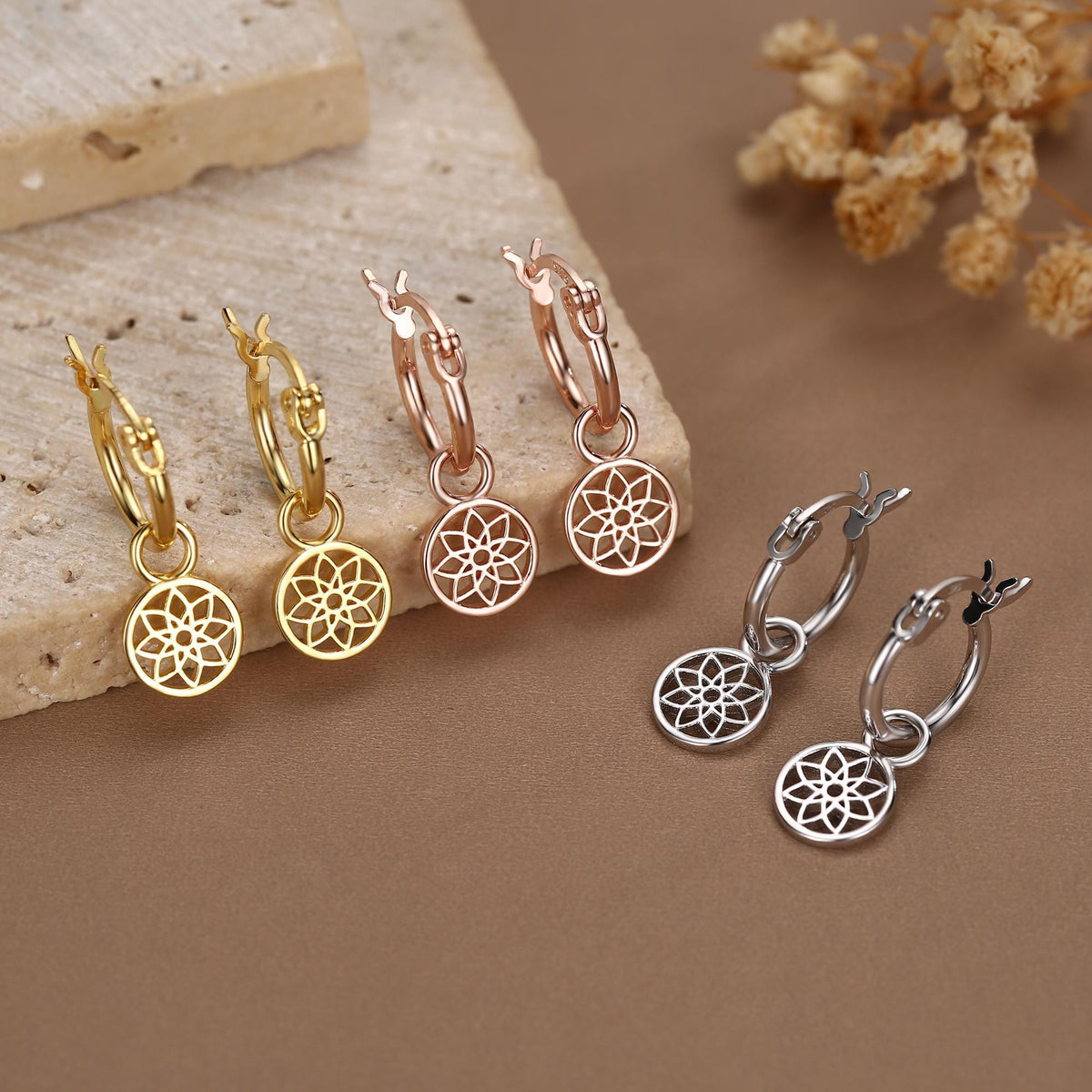 Mandala Flower Disk Dangle Huggie Hoop in Sterling Silver