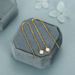 White Opal Dot Long Threader Earrings in Sterling Silver