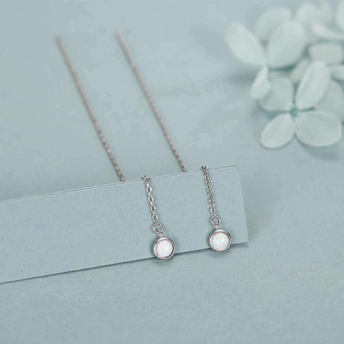 White Opal Dot Long Threader Earrings in Sterling Silver