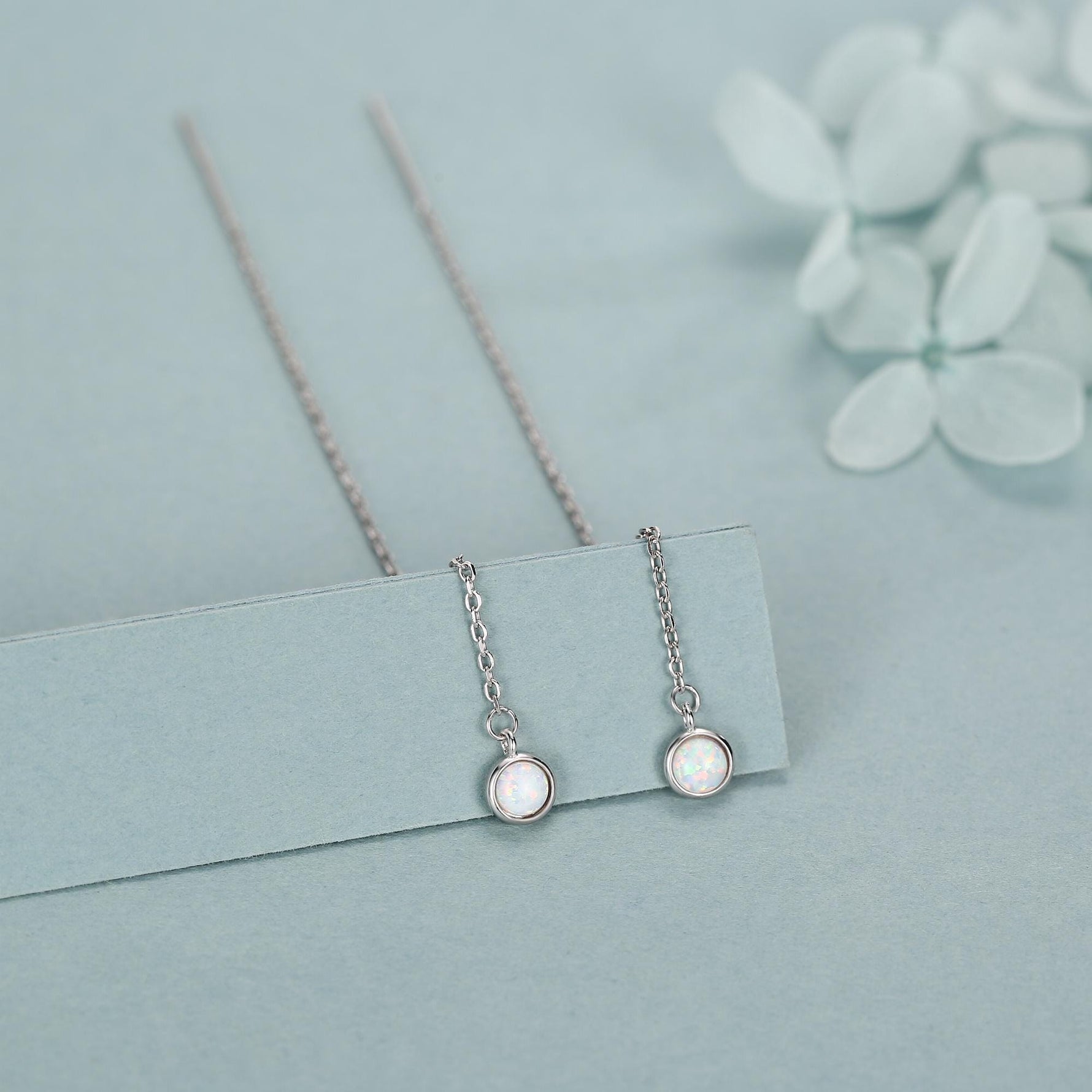 White Opal Dot Long Threader Earrings in Sterling Silver