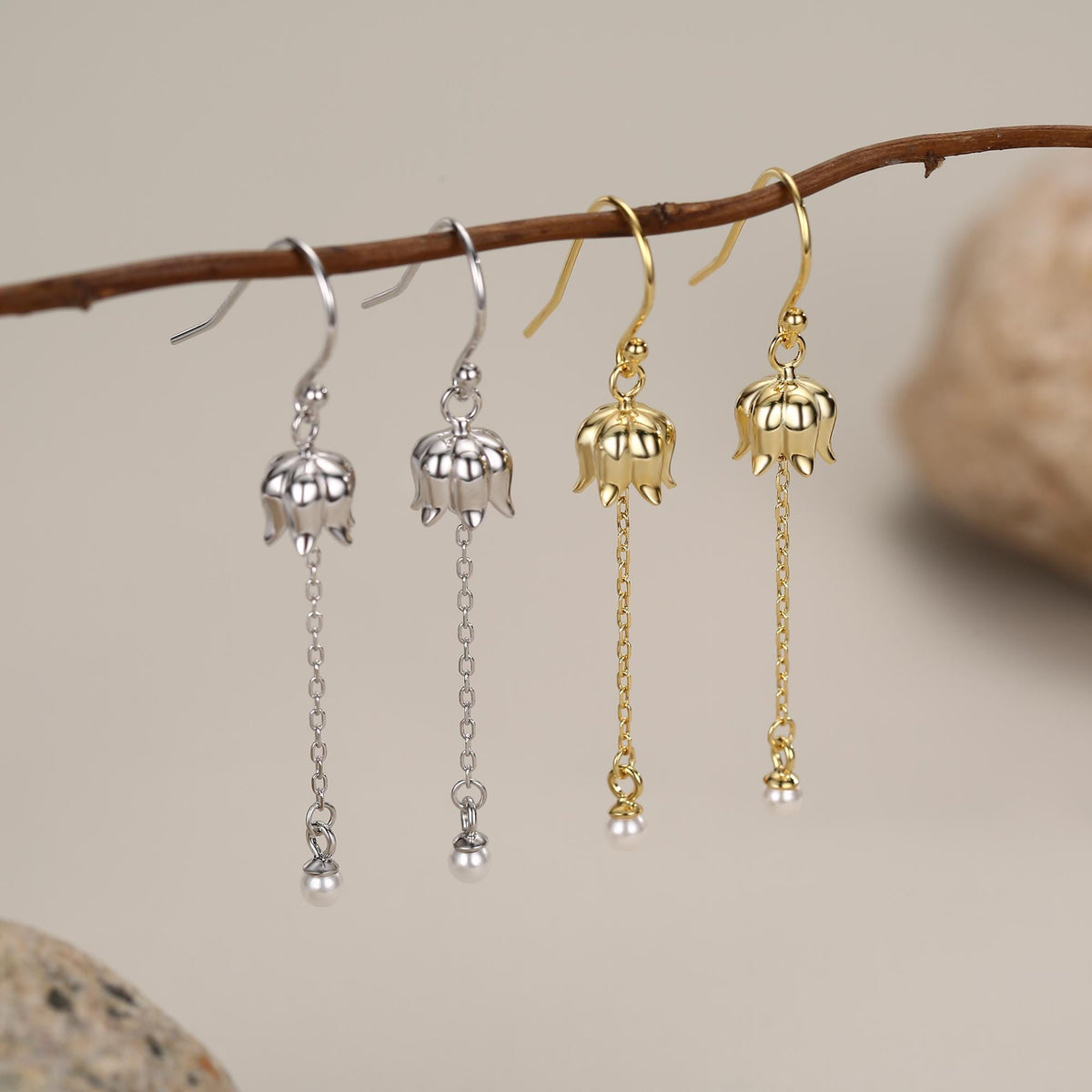 Lily of the valley with Dangle Pearl Dangle Earrings in Sterling Silver, Lily of the Valley Flower Dangle Earrings - Long Chain