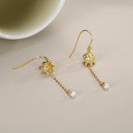 Lily of the valley with Dangle Pearl Dangle Earrings in Sterling Silver, Lily of the Valley Flower Dangle Earrings - Long Chain