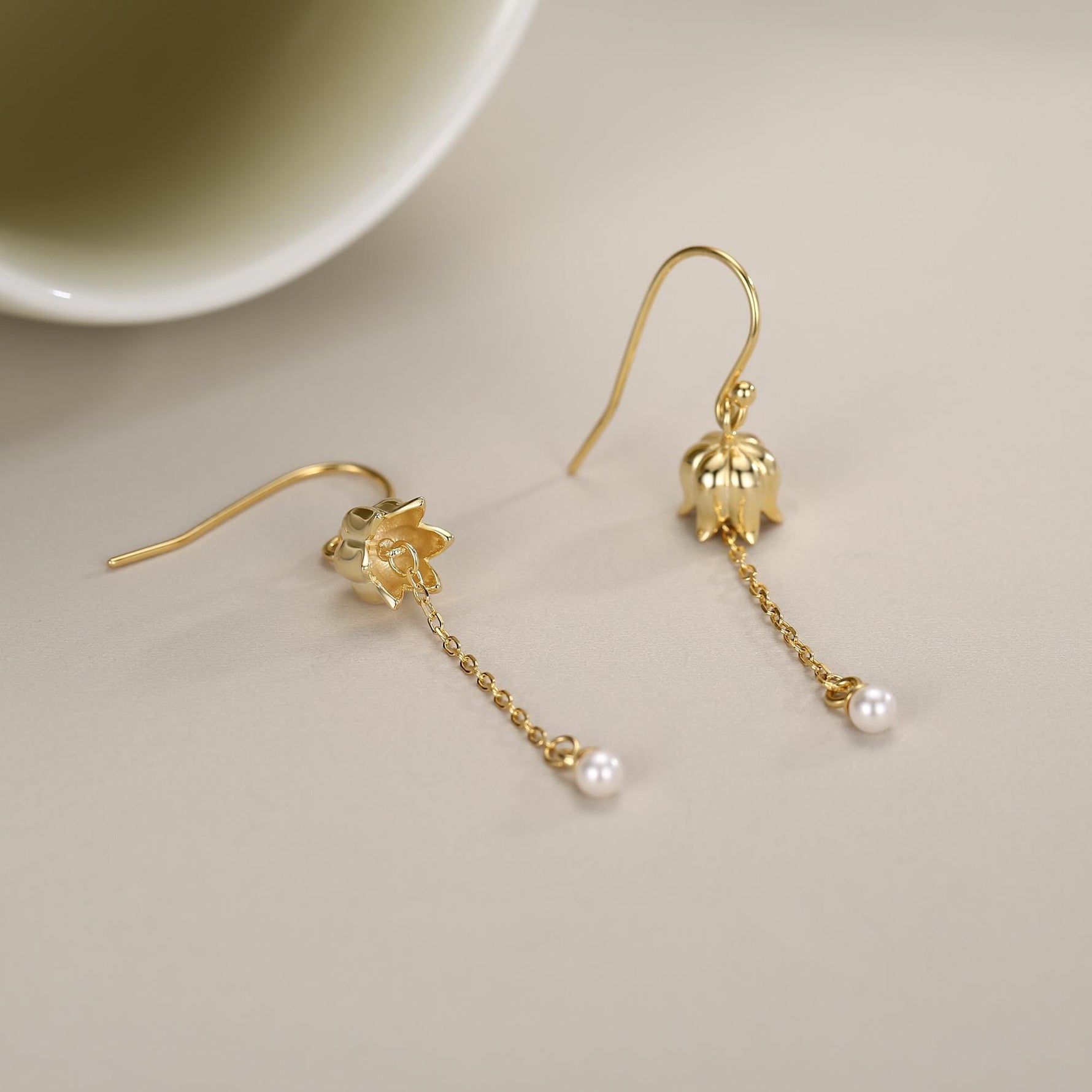 Lily of the valley with Dangle Pearl Dangle Earrings in Sterling Silver, Lily of the Valley Flower Dangle Earrings - Long Chain