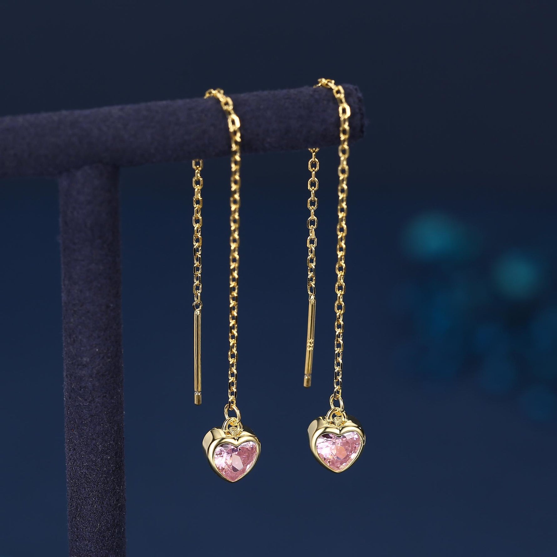 Tiny Pink CZ Heart Threader Earrings in Sterling Silver, 9cm, Silver or Gold, Dainty Heart Ear Threaders, Delicate Heart Threaders