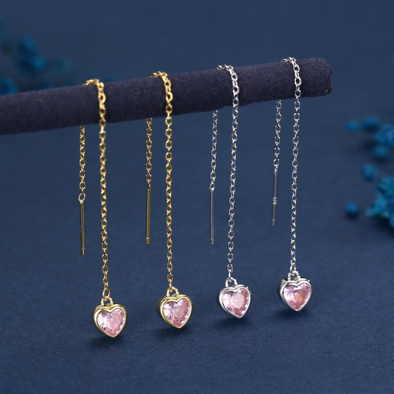 Tiny Pink CZ Heart Threader Earrings in Sterling Silver, 9cm, Silver or Gold, Dainty Heart Ear Threaders, Delicate Heart Threaders