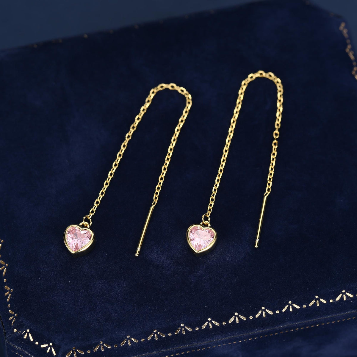 Tiny Pink CZ Heart Threader Earrings in Sterling Silver, 9cm, Silver or Gold, Dainty Heart Ear Threaders, Delicate Heart Threaders
