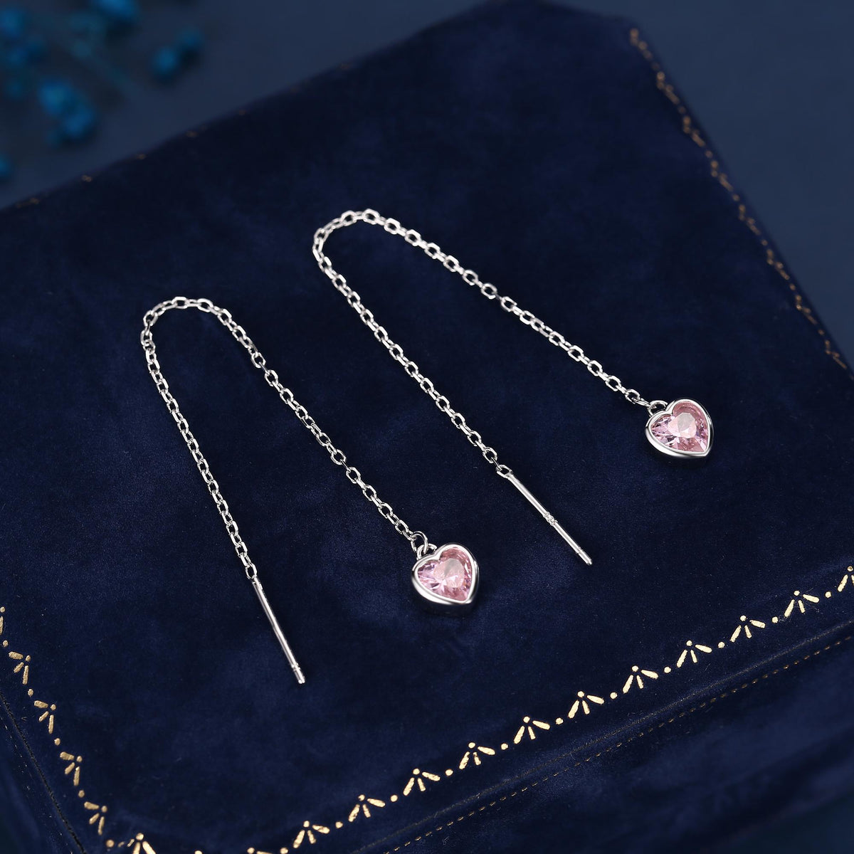 Tiny Pink CZ Heart Threader Earrings in Sterling Silver, 9cm, Silver or Gold, Dainty Heart Ear Threaders, Delicate Heart Threaders
