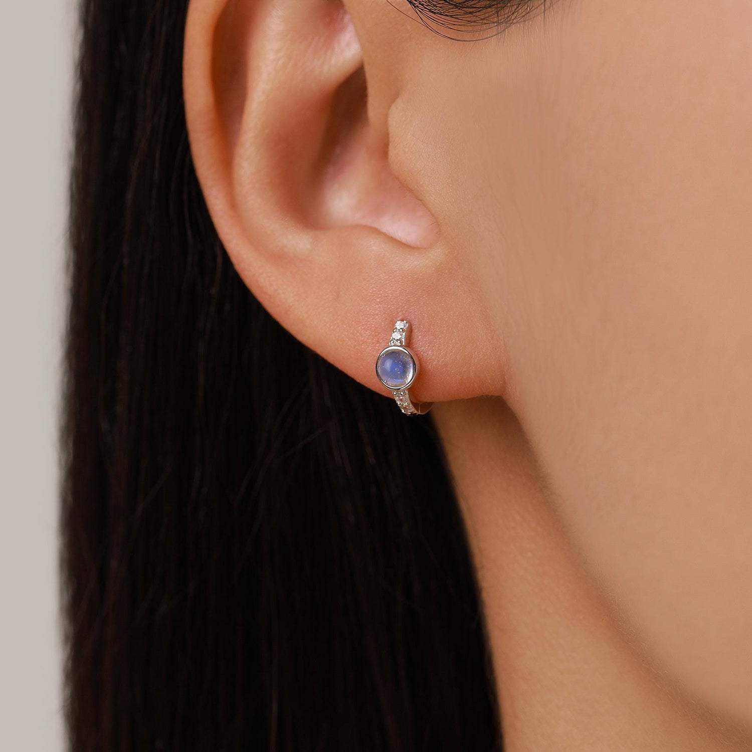 Moonstone CZ Huggie Hoop Earrings in Sterling Silver