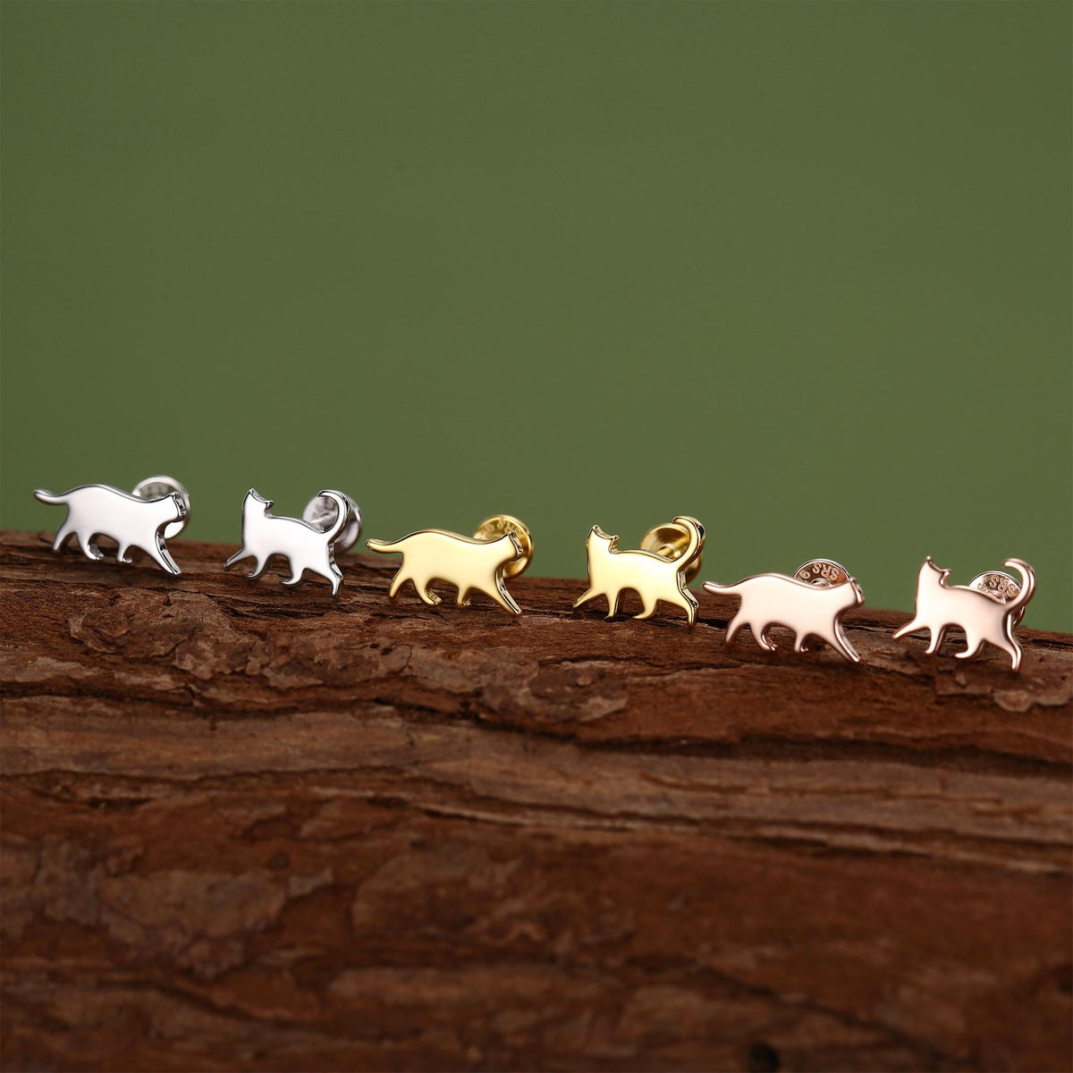 Sterling Silver Asymmetric Cat 16G Flat Back Labret Earrings, Animal