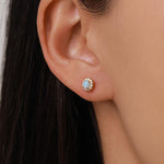 Blue Opal CZ Oval Halo Stud Earrings in Sterling Silver