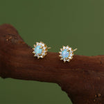 Blue Opal CZ Oval Halo Stud Earrings in Sterling Silver