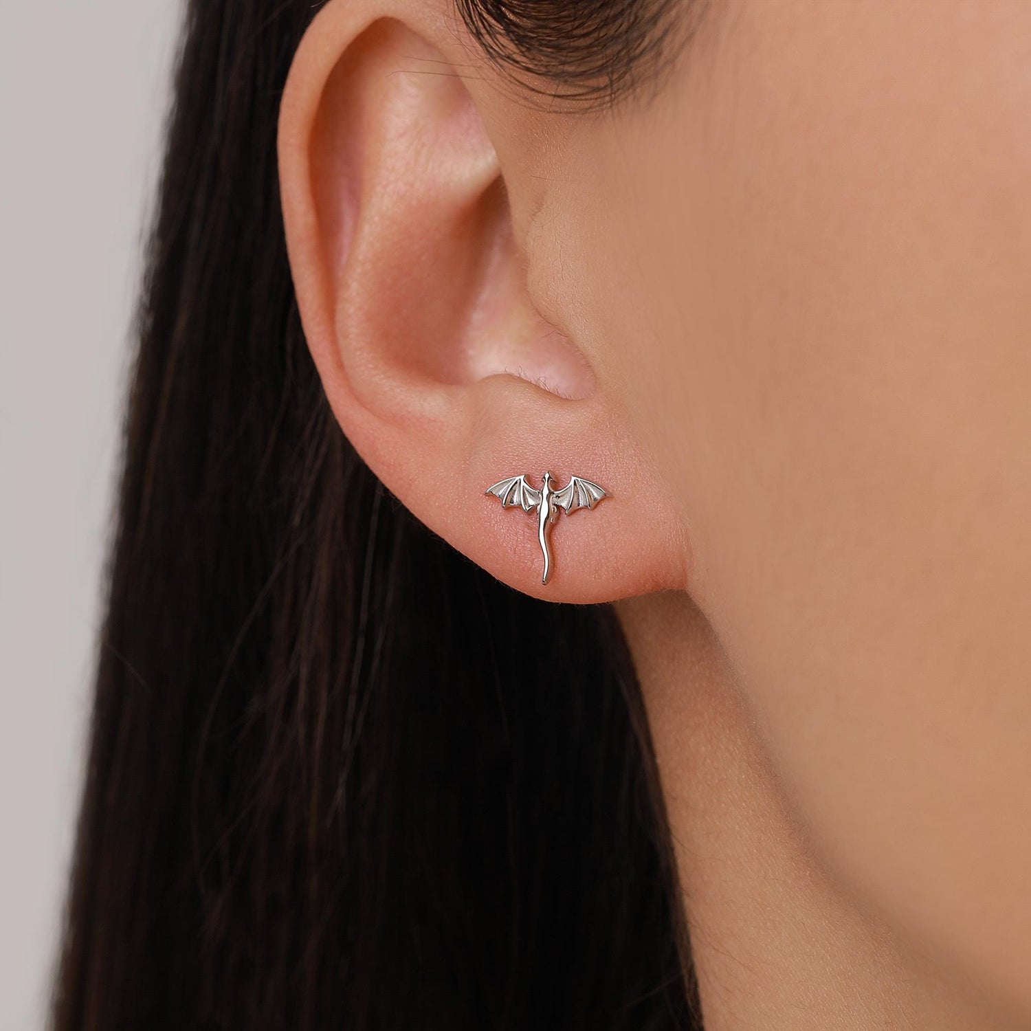 Extra Tiny Mismatched Dragon and Phoenix Stud Earrings in Sterling Silver, Silver or Gold, Asymmetric Phoenix and Dragon Stud Earrings