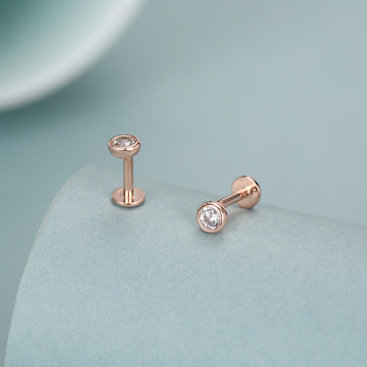 Clear CZ Bezel 16G Internally Threaded Flat Back Earrings in Sterling Silver