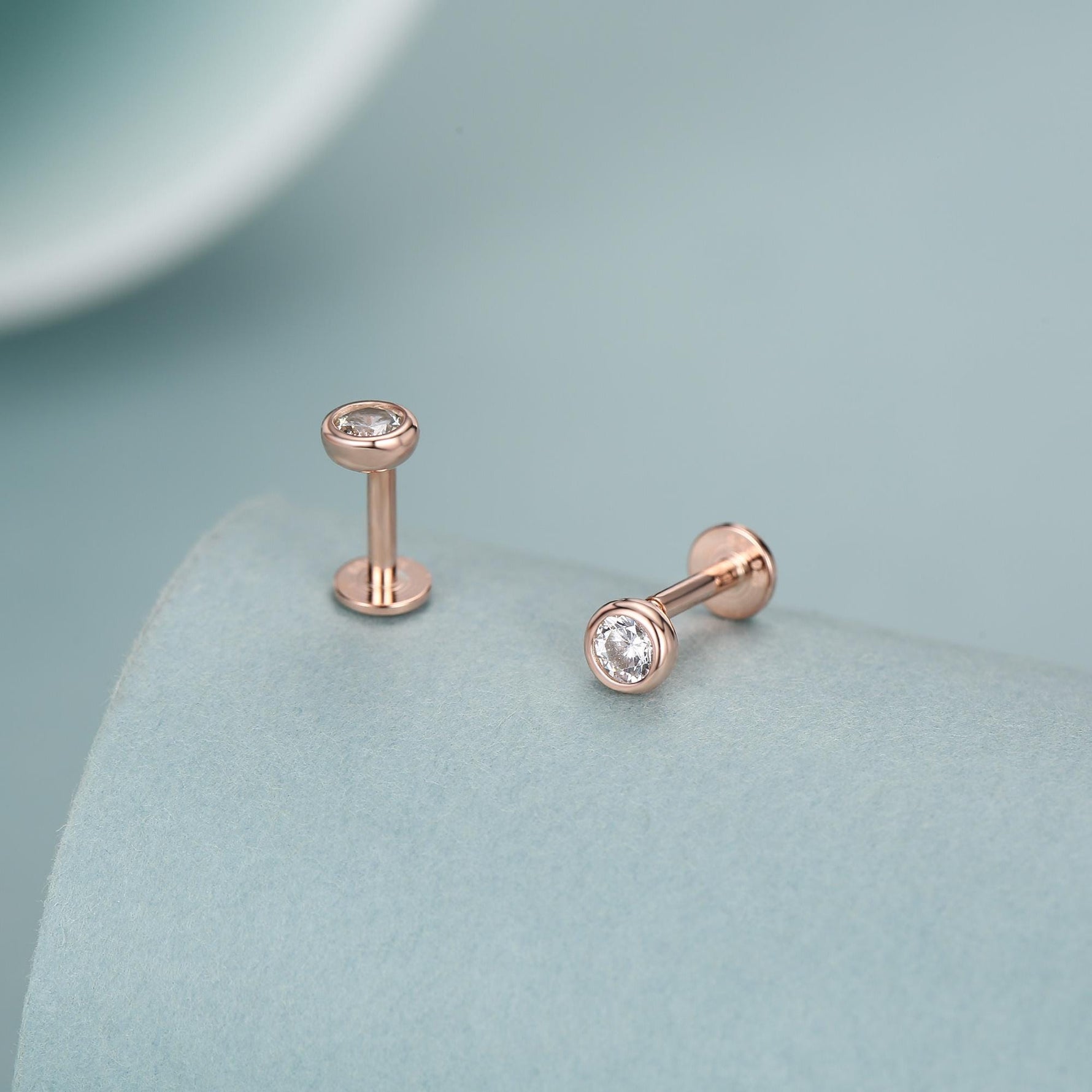 Clear CZ Bezel 16G Internally Threaded Flat Back Earrings in Sterling Silver
