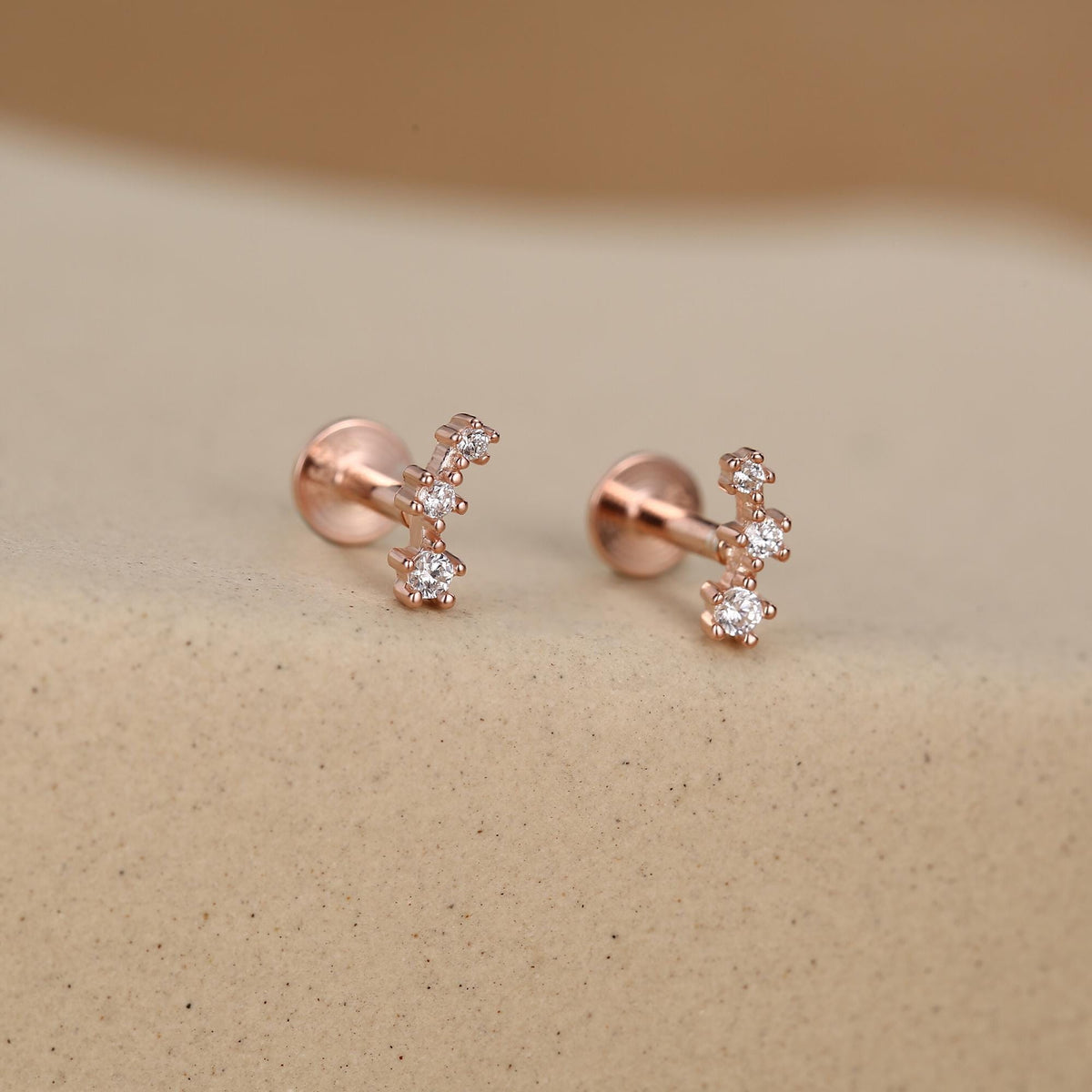 Tiny CZ Trio 16G Internally Threaded Flat Back Earrings in Sterling Silver