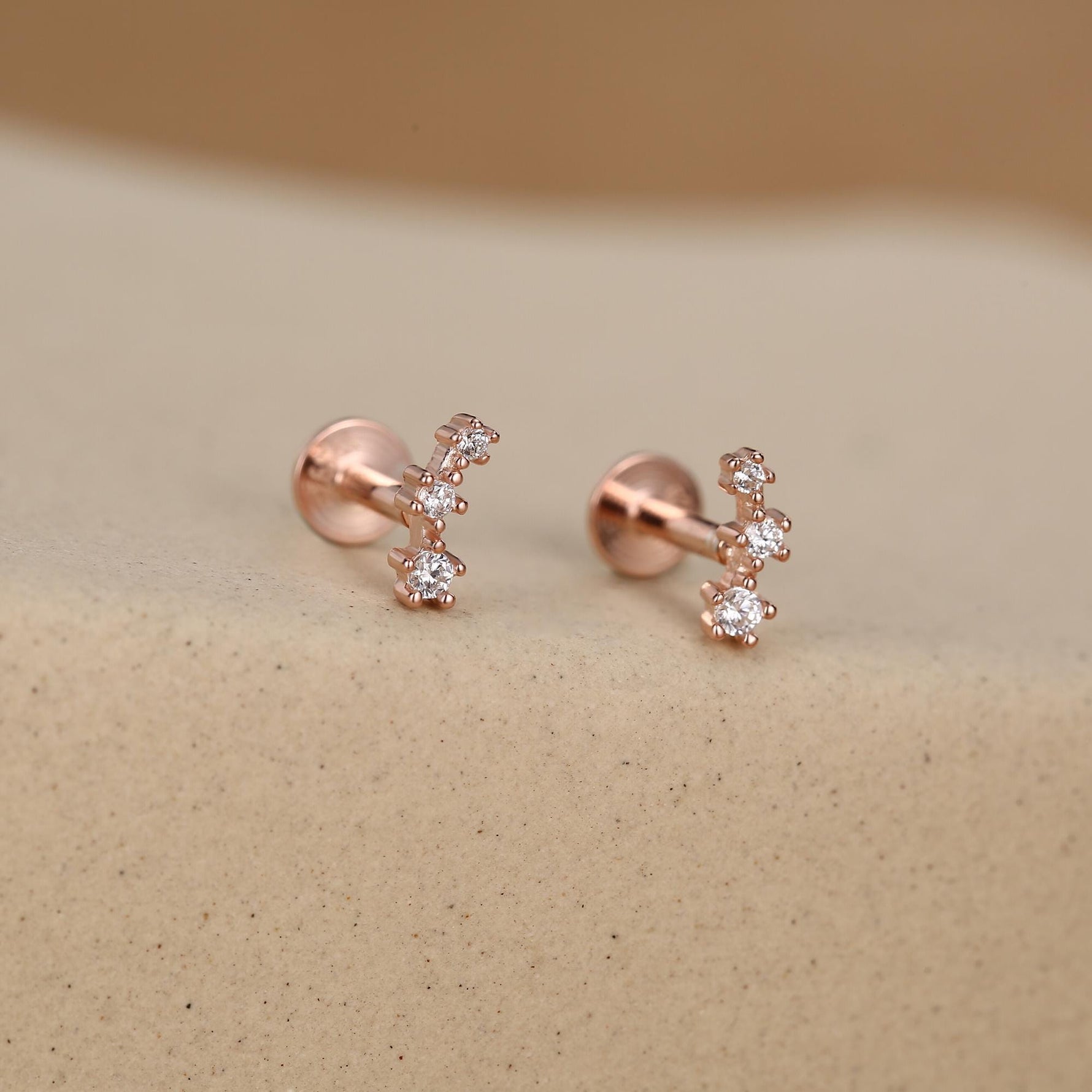 Tiny CZ Trio 16G Internally Threaded Flat Back Earrings in Sterling Silver