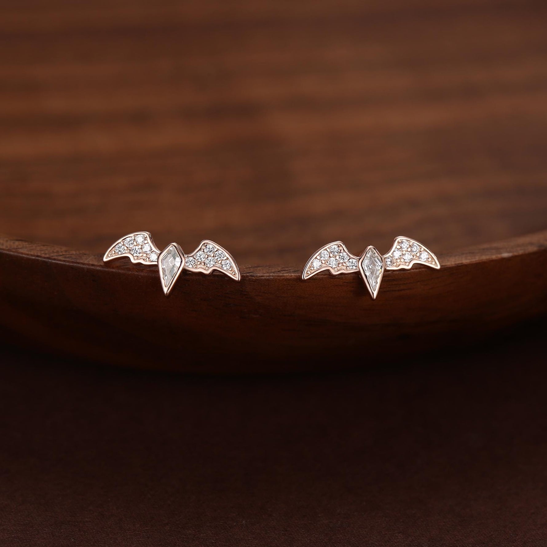 CZ Crystal Bat Stud Earrings in Sterling Silver, Silver or Gold, Rhombus Bat Earrings, Stacking Earrings, Animal Earrings