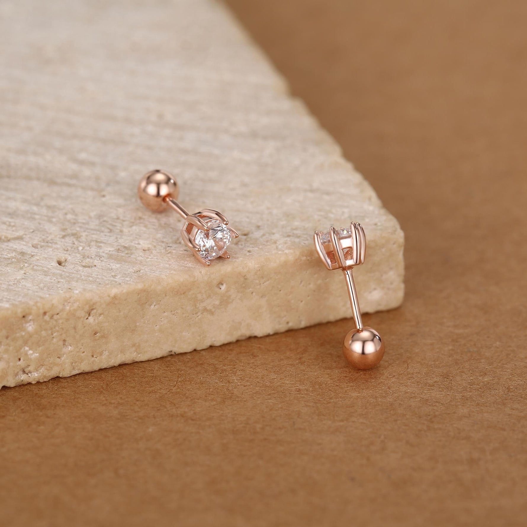 Brilliant Cut 3mm Six Prong CZ 18G Screw Back Earrings in Sterling Silver