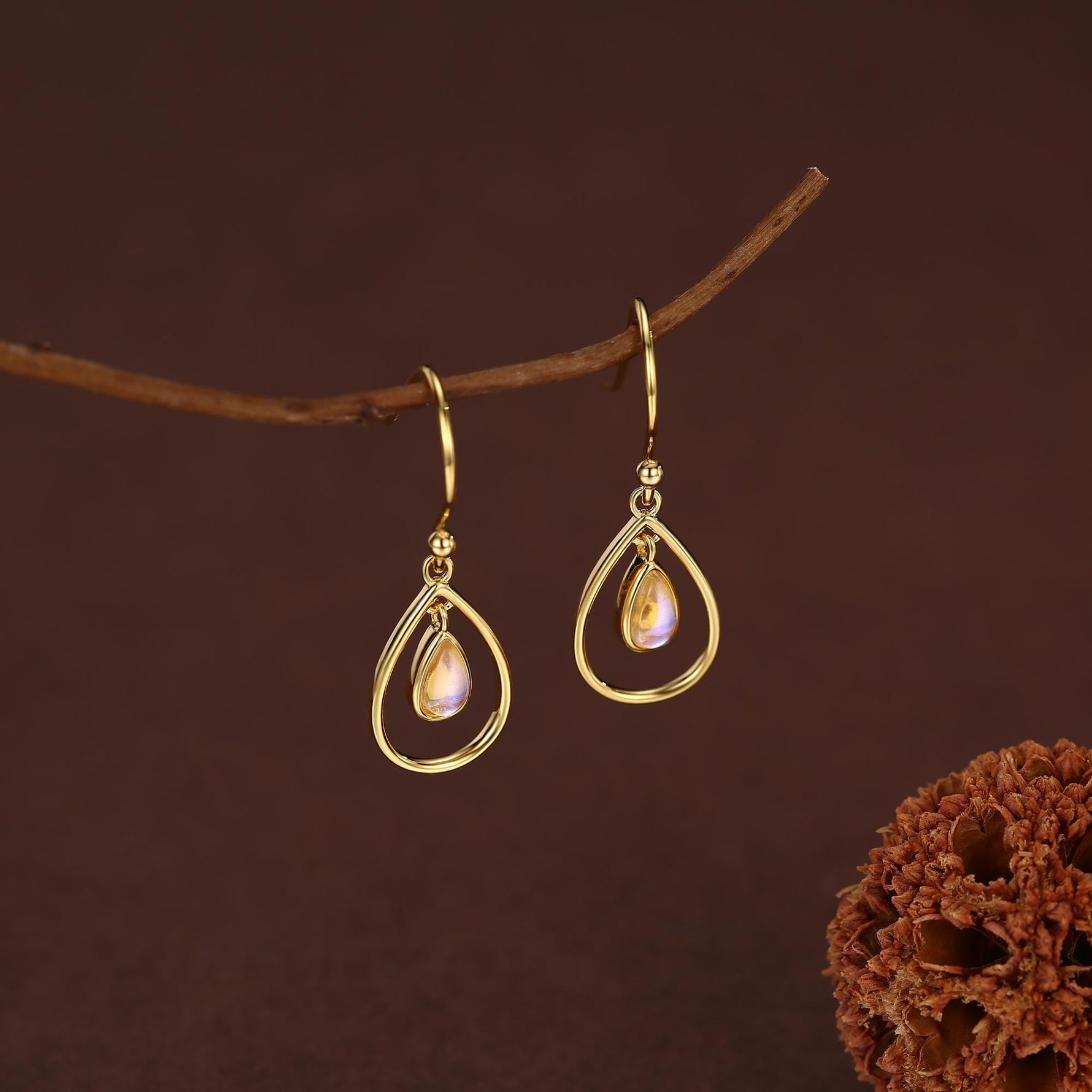 Moonstone Droplet Drop Hook Earrings in Sterling Silver, Delicate Lab Moonstone Geometric Earrings, Moonstone Droplet Dangle Earrings