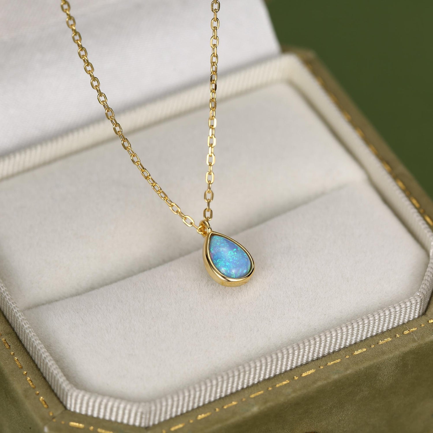 Blue Opal Droplet Pendant Necklace in Sterling Silver, Lab Opal Necklace, Pear Shape Opal Necklace, Fire Opal Necklace