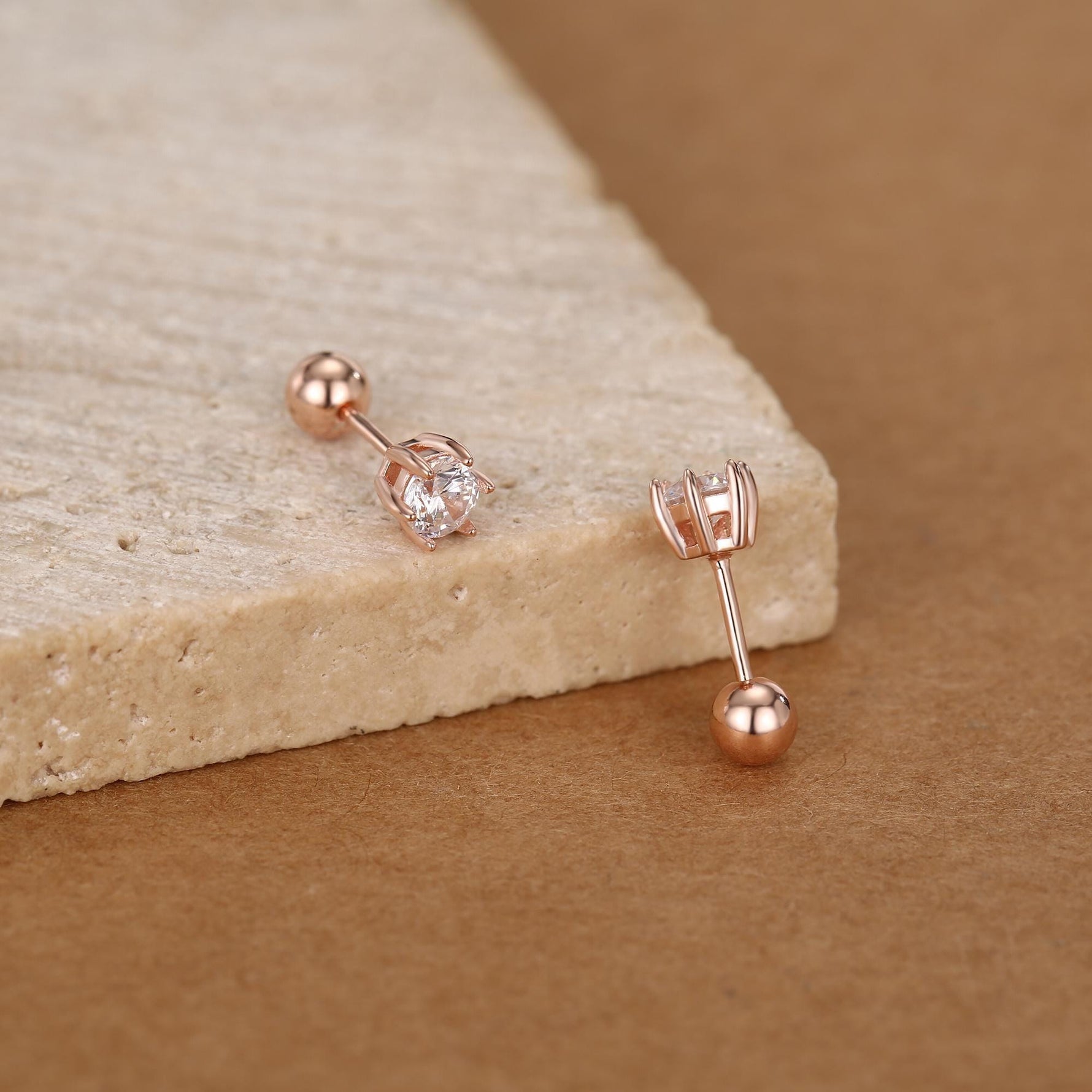 Brilliant Cut 4mm CZ Six Prong 18G Screw Back Earrings in Sterling Silver