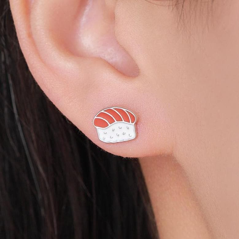 Salmon Sushi Stud Earrings in Sterling Silver - Silver or Gold Finish - Enamel Food Jewellery, Salmon Earrings, Japanese Food Earrings