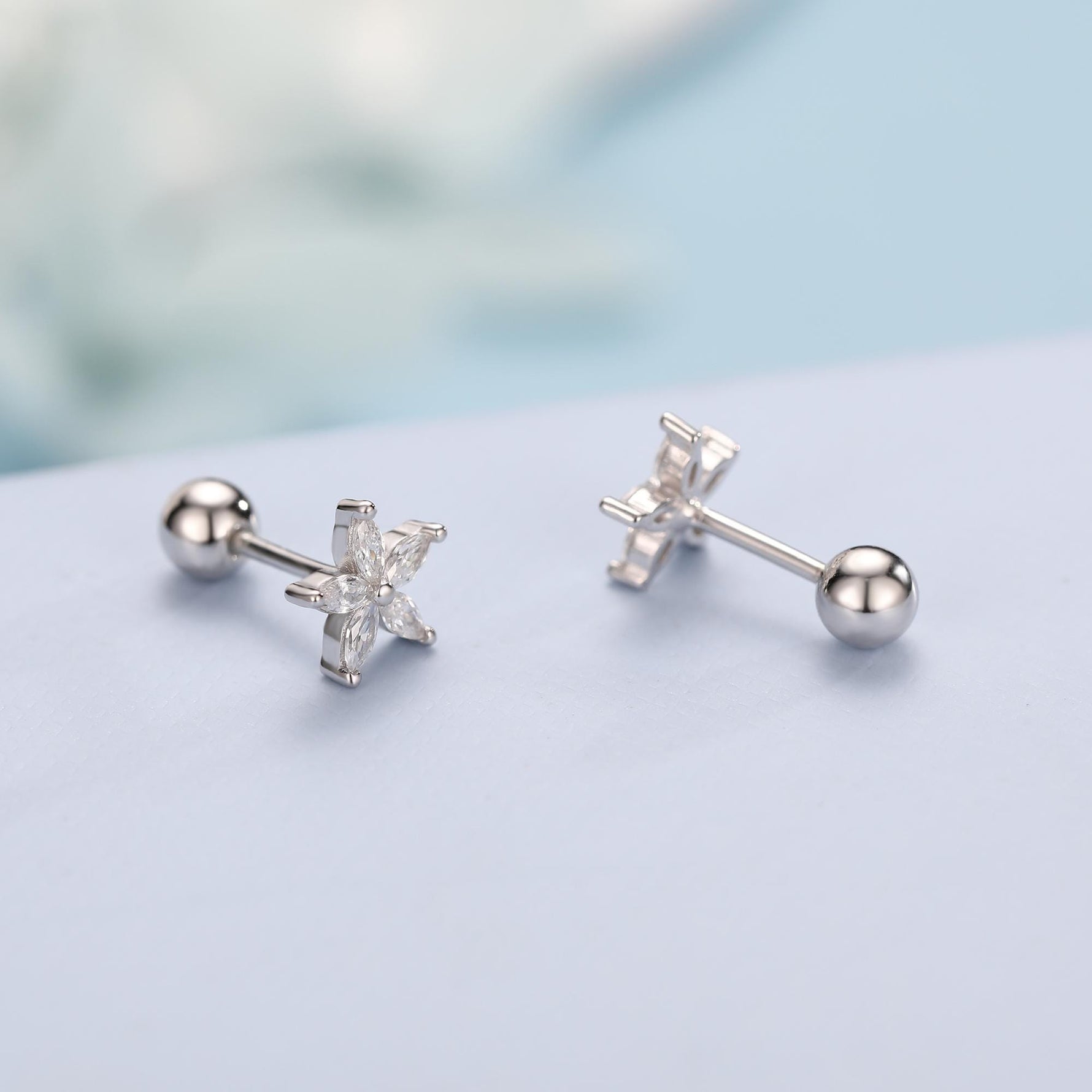 Sterling Silver CZ Flower Barbell Earrings, Marquise CZ Screw Back Earrings, Stacking Earrings