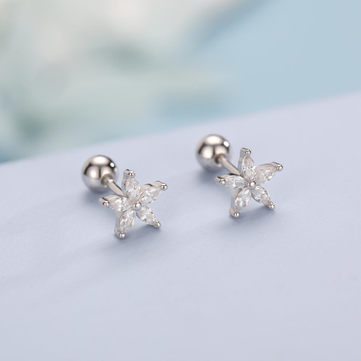 Sterling Silver CZ Flower Barbell Earrings, Marquise CZ Screw Back Earrings, Stacking Earrings