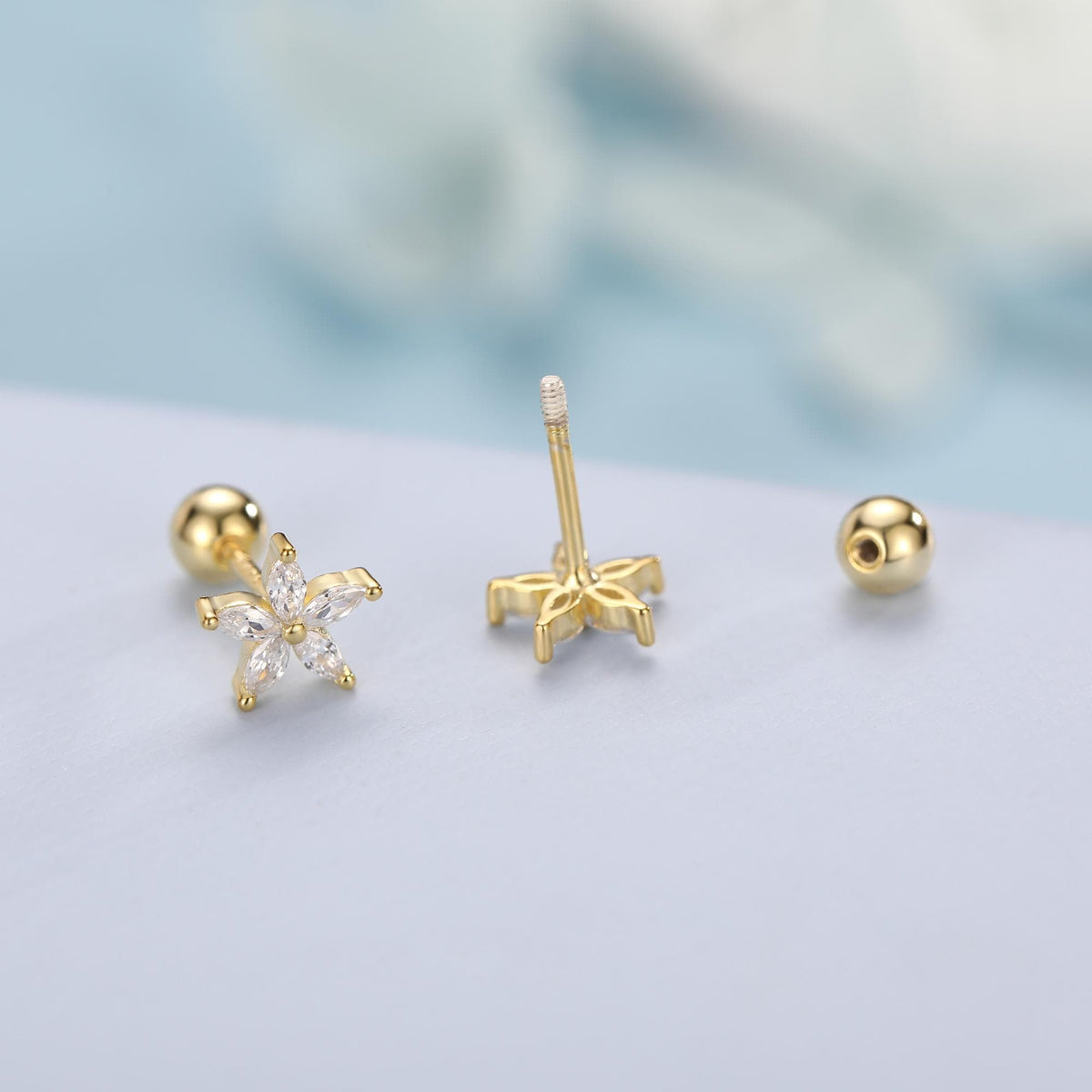 Sterling Silver CZ Flower Barbell Earrings, Marquise CZ Screw Back Earrings, Stacking Earrings