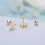 Sterling Silver CZ Flower Barbell Earrings, Marquise CZ Screw Back Earrings, Stacking Earrings