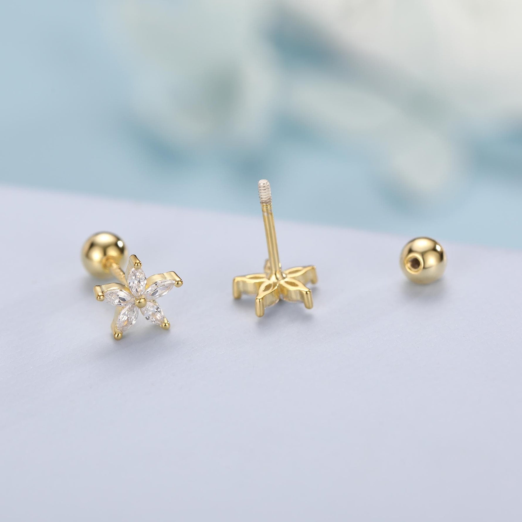 Sterling Silver CZ Flower Barbell Earrings, Marquise CZ Screw Back Earrings, Stacking Earrings