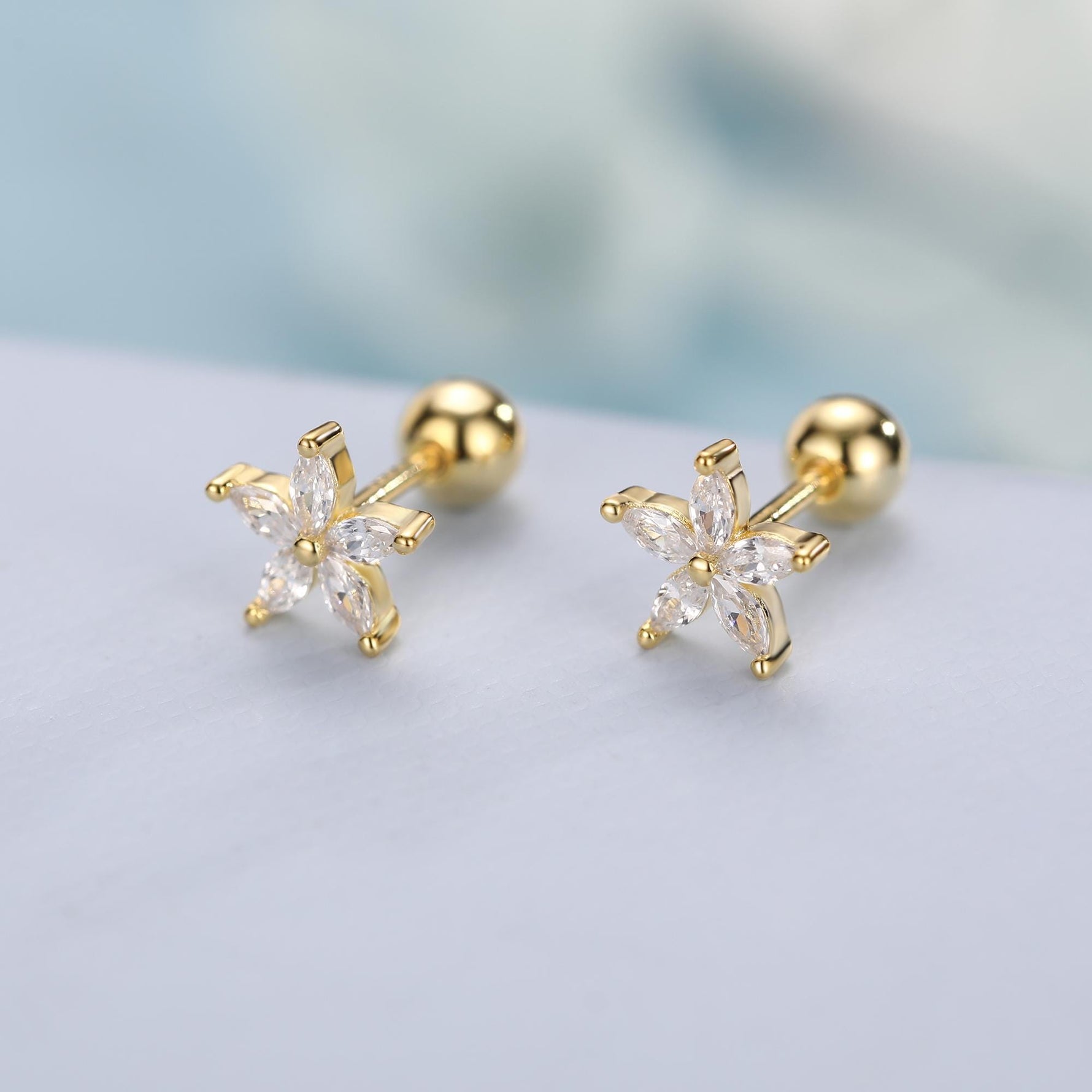 Sterling Silver CZ Flower Barbell Earrings, Marquise CZ Screw Back Earrings, Stacking Earrings