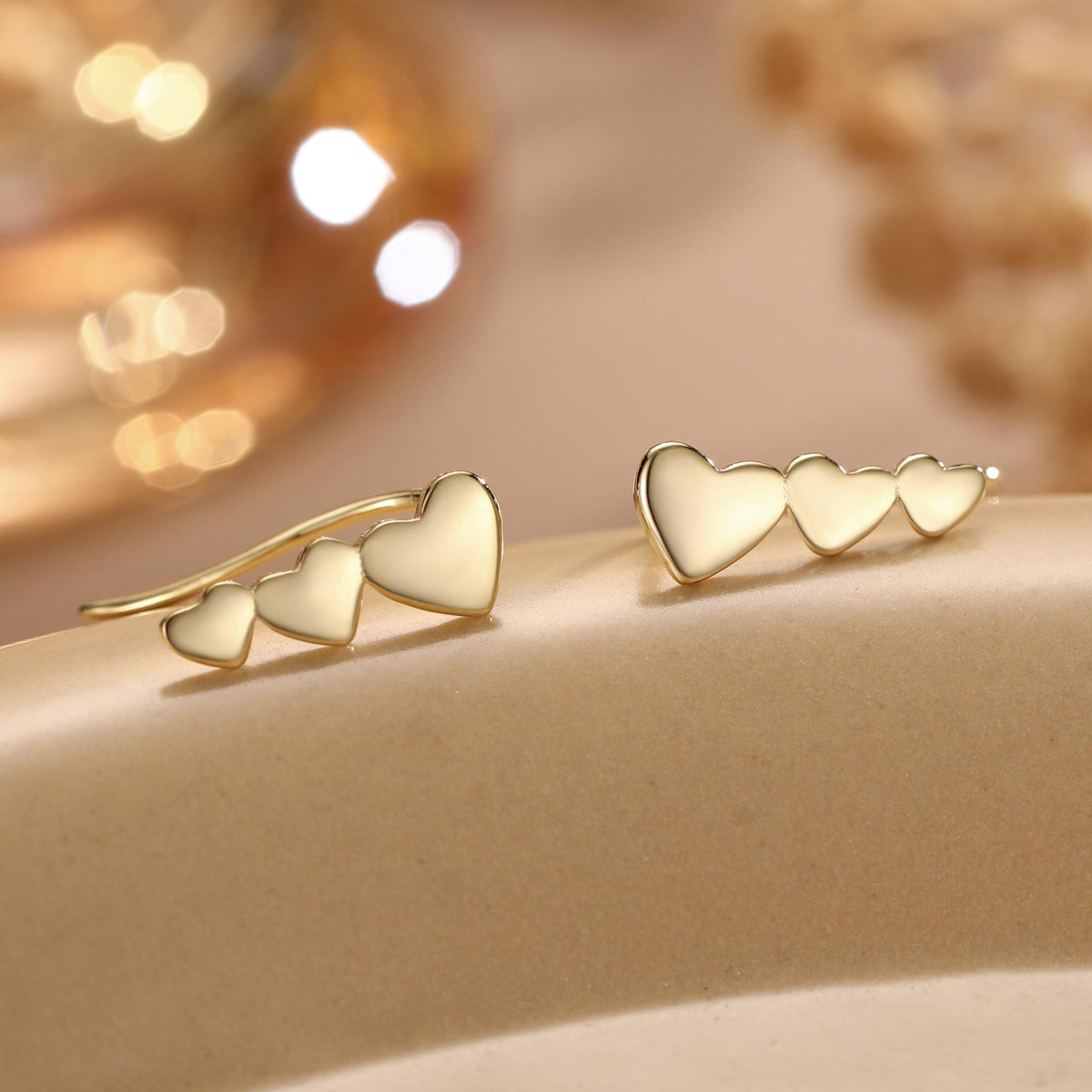 Heart Crawler Earrings in Sterling Silver, Silver, Gold or Rose Gold, Three Hearts Climber Earrings, Ear Climbers