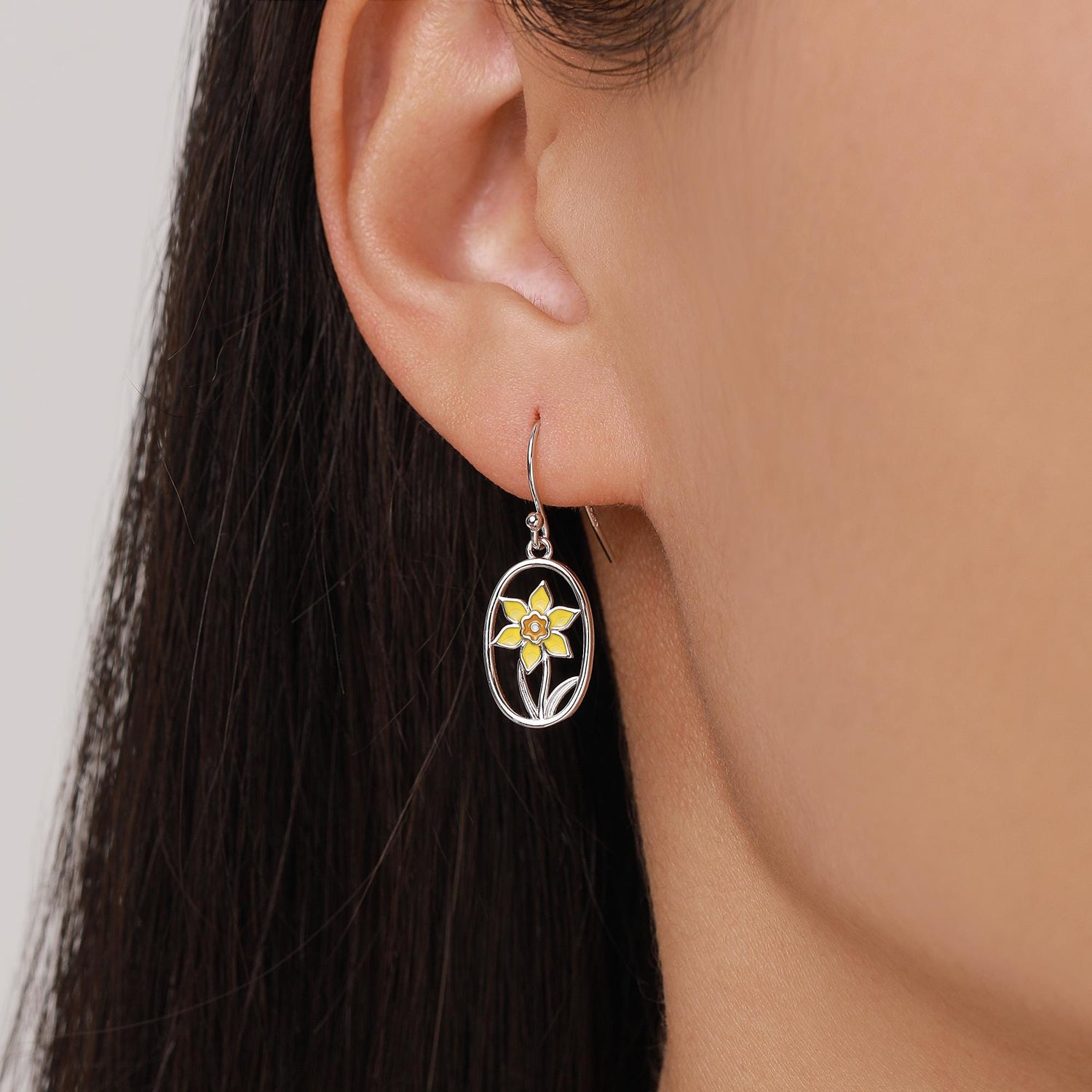 Sterling Silver Enamel Daffodil Oval Drop Earrings