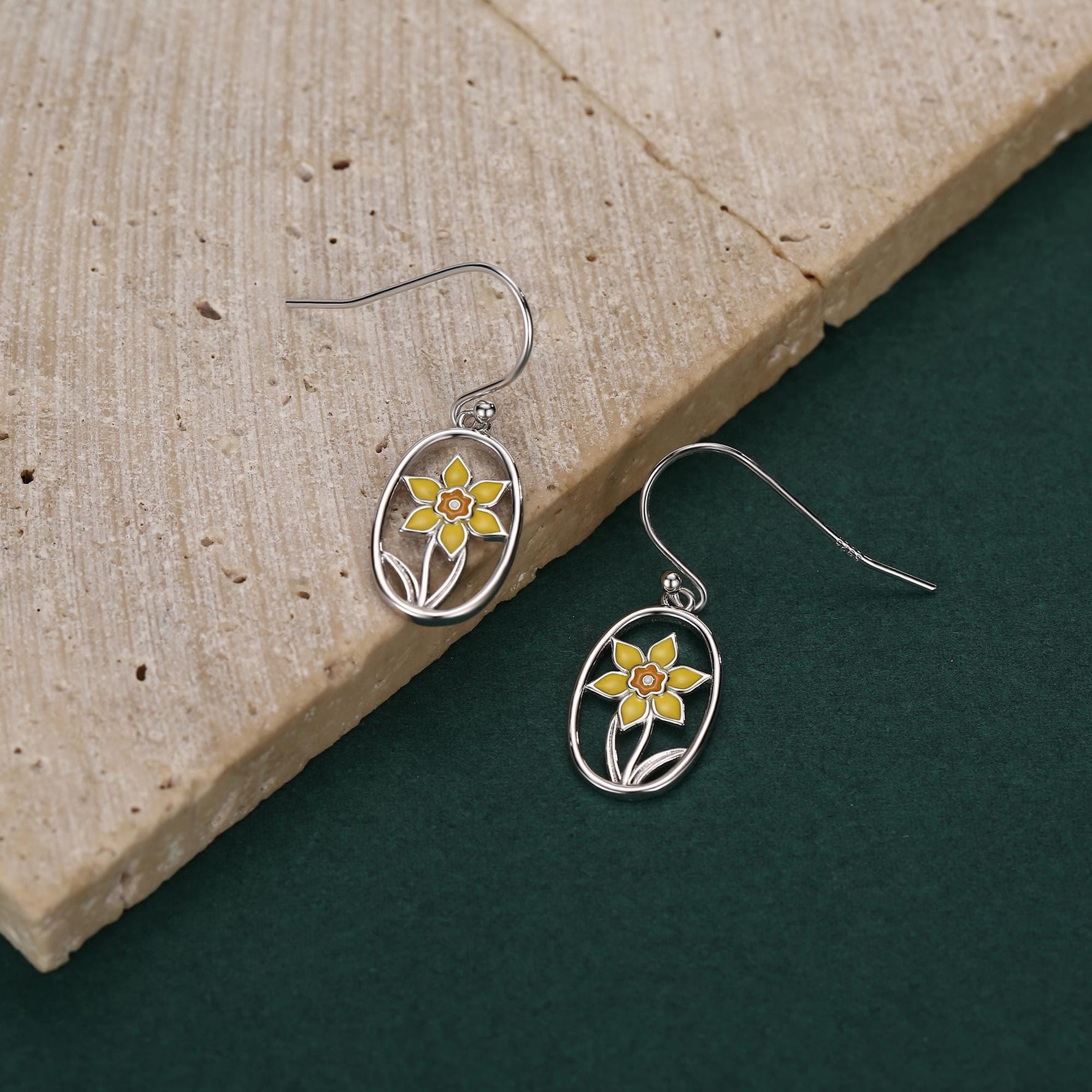 Sterling Silver Enamel Daffodil Oval Drop Earrings